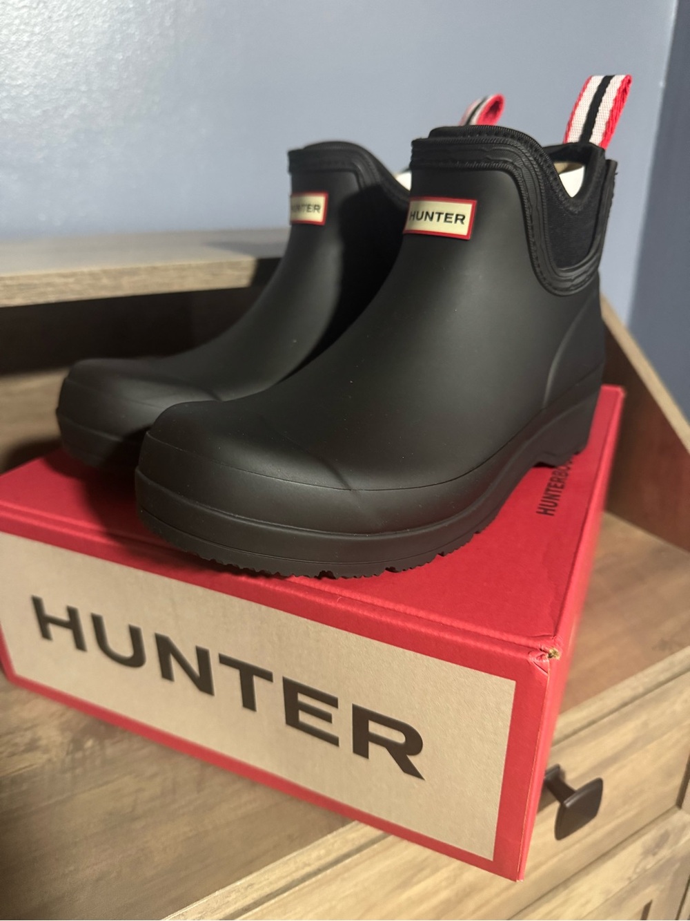 Hunter Black Short Chelsea Rain Boots with Red-Trim Pull Tabs